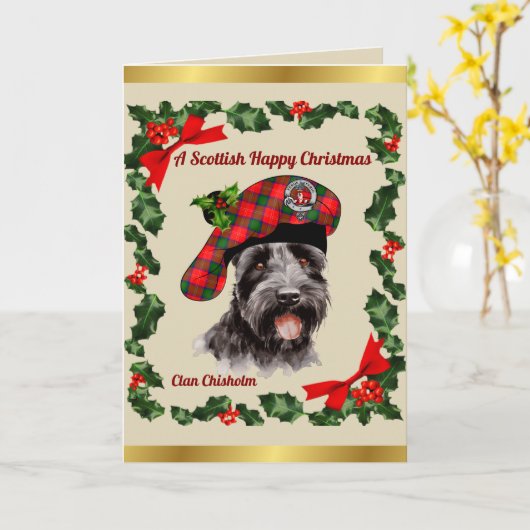 Chisholm Scottie Dog Gepersonaliseerde Kerstmis Kaart (Gele Bloem)