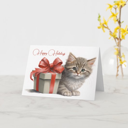 Chistmas Kat met cadeaudoos Kaart (Gele Bloem)