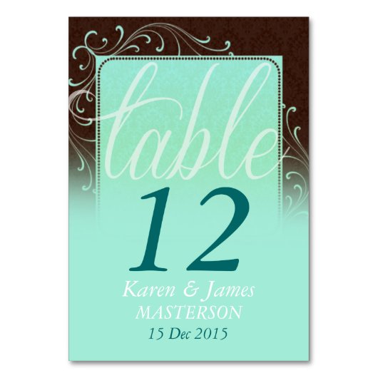 Choc Mint Damask Dream Wedding Table Number Kaart (Voorkant)