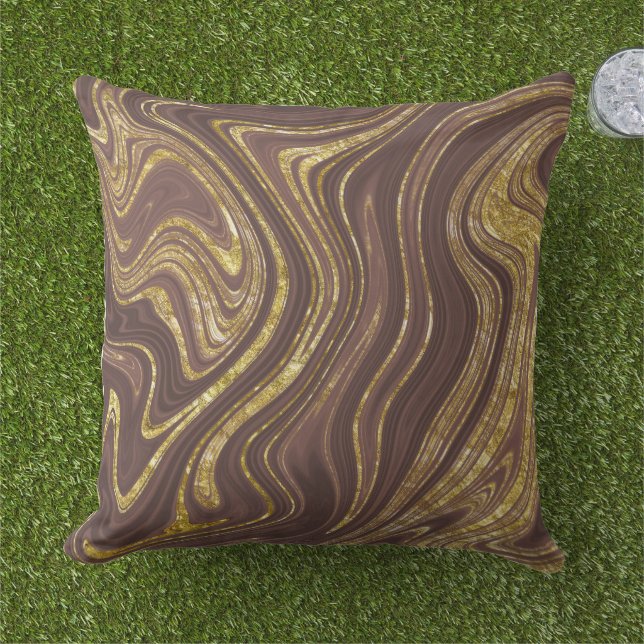 Chocolade Brown en Gold Marble-look Pattern Buitenkussen (Gras)