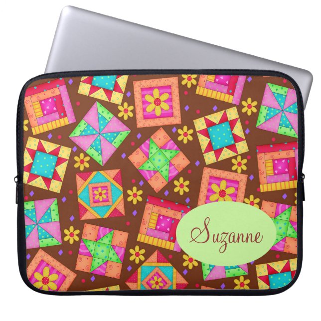 Chocolade Brown-patchwork Quilt Art-blokken Laptop Sleeve (Voorkant)