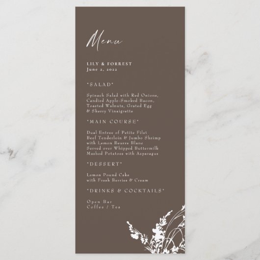 Chocolade bruiloft moderne witte bloemen menu (Voorkant)