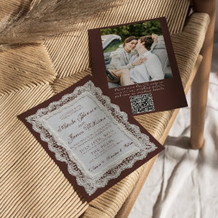 Chocolade Bruine Kanten Kleedje Foto QR Code Huwel Kaart