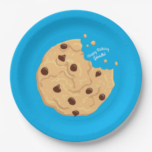 Chocolade Chip Cookie Kinder 1ste verjaardag Blauw Papieren Bordje