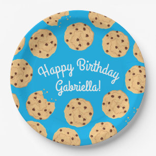 Chocolade Chip Cookie Kinder 1ste verjaardag Blauw Papieren Bordje