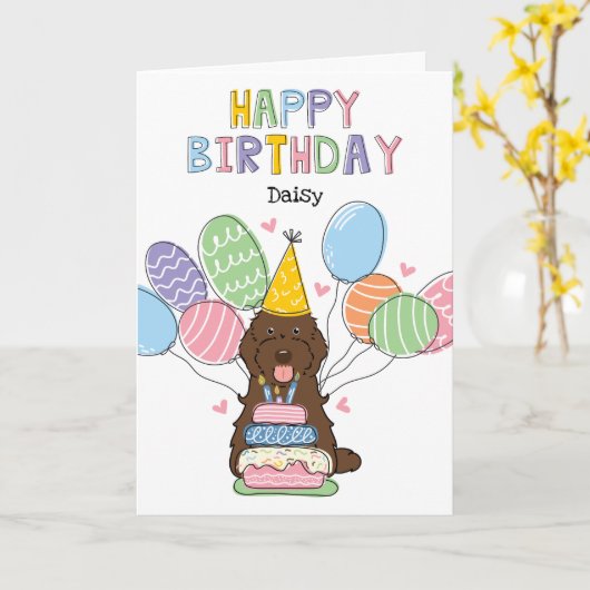 Chocolade Cockapoo Cavapoo Hond Gelukkige Verjaard Kaart (Gele Bloem)