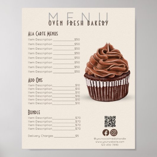 Chocolade Cupcake Beige Menu Bakkerij Prijslijst Poster (Voorkant)