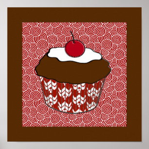 Chocolade Cupcake op rood en wit patroon Poster