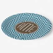 Chocolade en Blauwgroen Chevron Pattern met monogr Papieren Bordje (Gekanteld)