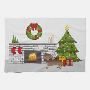 Chocolade En Bruine Kortharige Dachshund - Kerstmi Theedoek