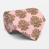 Chocolade en Roze Damast Stropdas (Opgerold)