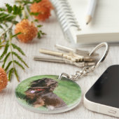 Chocolade en Tan Long-hire Miniature Dachshund Sleutelhanger (Voorkant Rechts)