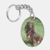 Chocolade en Tan Long-hire Miniature Dachshund Sleutelhanger (Voorkant Links)