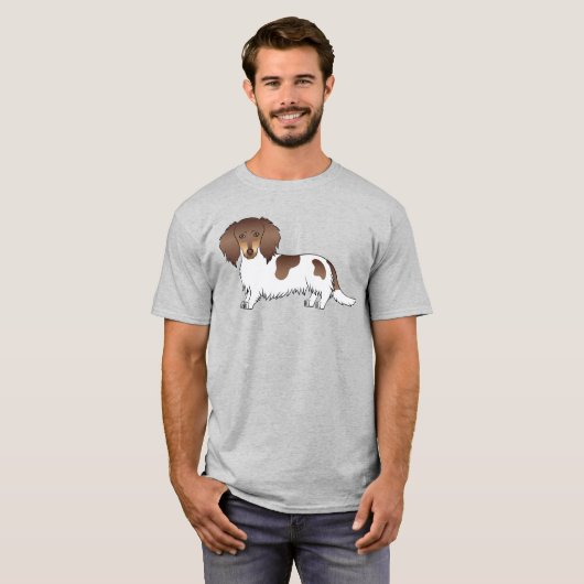 Chocolade en Tan Piebald Long Hair Dachshund Dog T-shirt (Voorkant volledig)