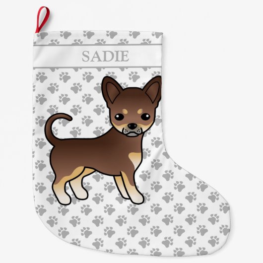 Chocolade en Tan Smooth Coat Chihuahua Dog & Name Grote Kerstsok (Voorkant)