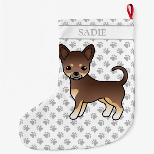 Chocolade en Tan Smooth Coat Chihuahua Dog & Name Grote Kerstsok (Achterkant)