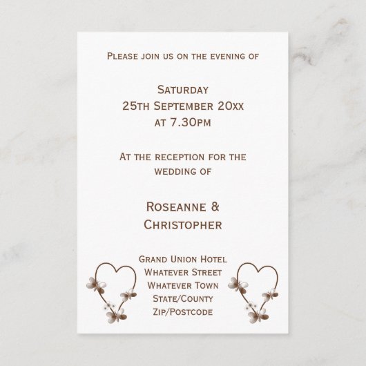 Chocolade hart en vlinders bruiloft receptie informatiekaartje (Achterkant)