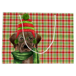Chocolade Lab en rood met groene geruite kerst Groot Cadeauzakje