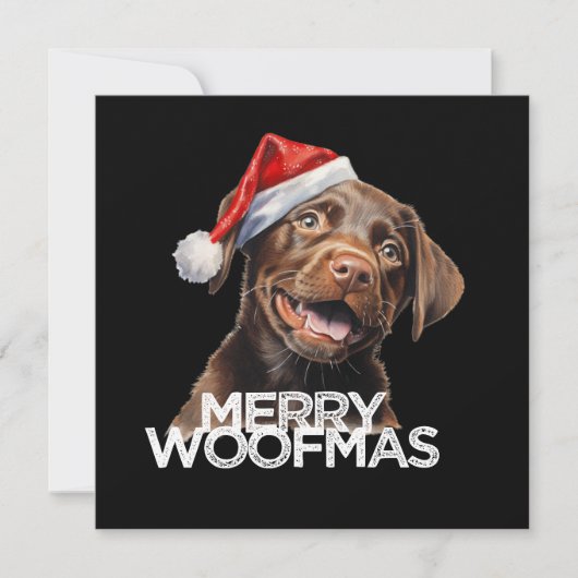Chocolade lab hond kerstmuts MERRY WOOFMAS grappig Feestdagenkaart (Voorkant)