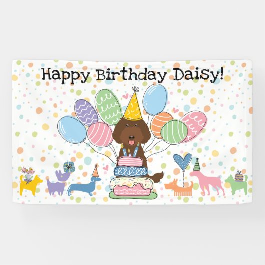 Chocolade Labradoodle Hond Verjaardagsfeestje Spandoek (Horizontaal)