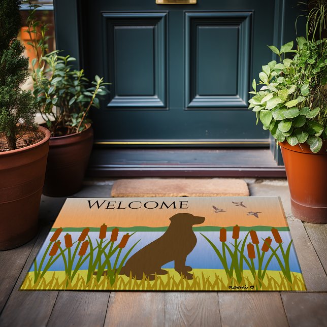 Chocolade Labrador Bird Dog Sunset Deurmat (Chocolate Labrador Bird Dog Sunset Doormat for Labrador Owners.  Beautiful silhouette design.)