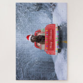 Chocolade Labrador Dog in sneeuw in kerstmis Legpuzzel (Verticaal)