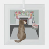 Chocolade Labrador Dog kerstFireplace Scene Glas Ornament (Voorkant)