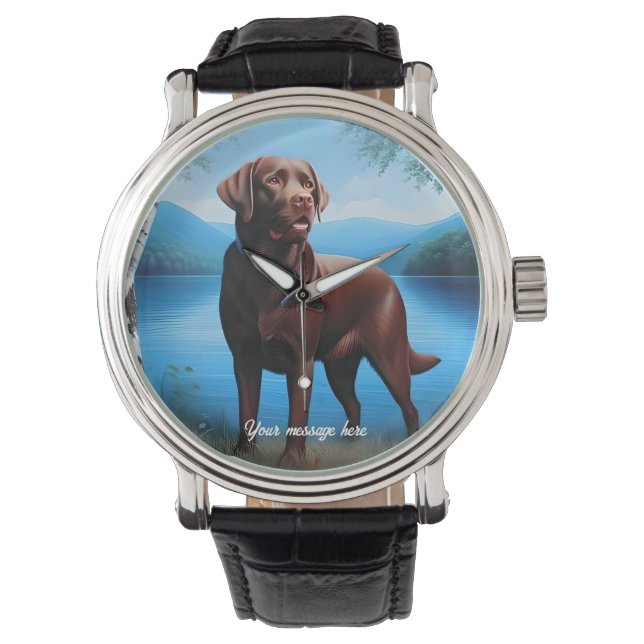 Chocolade Labrador en Blue Lake Horloge (Voorkant)