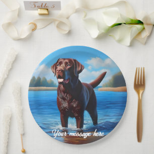Chocolade Labrador en Blue Lake Papieren Bordje