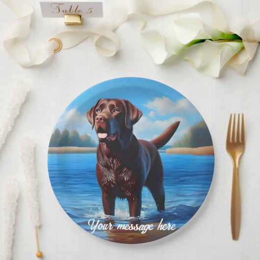 Chocolade Labrador en Blue Lake Papieren Bordje (Huwelijk)