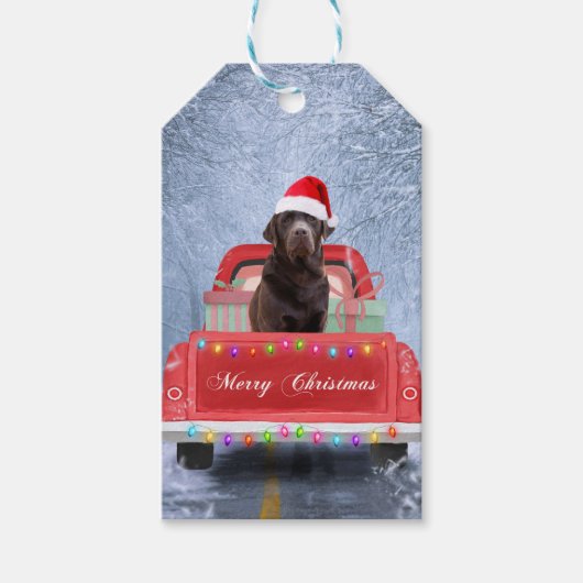 Chocolade Labrador Hond in Sneeuw Kerstmis Auto Cadeaulabel (Voorkant)