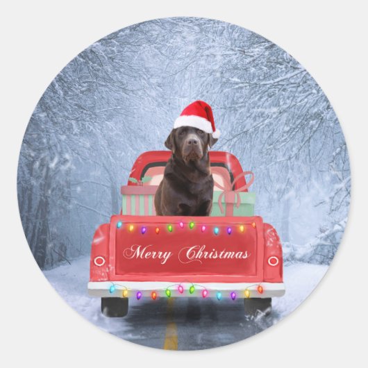 Chocolade Labrador Hond in Sneeuw Kerstmis Auto Ronde Sticker (Voorkant)