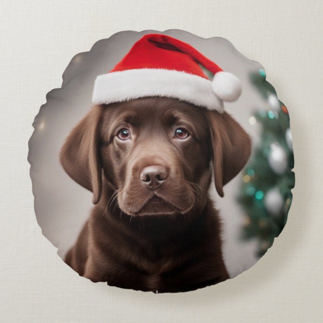 Chocolade Labrador Kerstmis Rond Kussen (Voorkant)