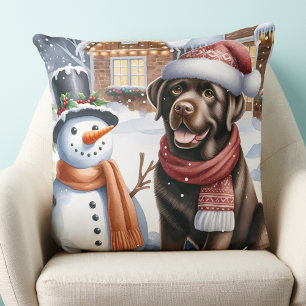 Chocolade Labrador Puppy Dog Sneeuwman Kerstmis Kussen