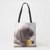 Chocolade Labrador Puppy met Speelgoed Duck Draagtas (Voorkant)