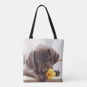 Chocolade Labrador Puppy met Speelgoed Duck Draagtas (Achterkant)