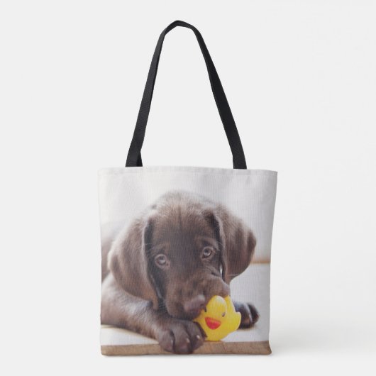 Chocolade Labrador Puppy met Speelgoed Duck Draagtas (Achterkant)