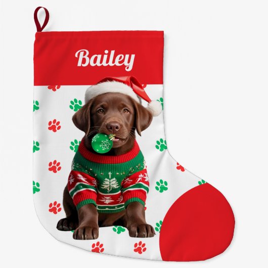 Chocolade Labrador Puppy Trui Gepersonaliseerd Grote Kerstsok (Voorkant)