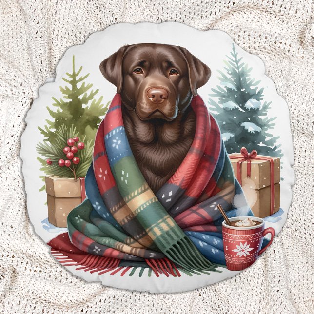 Chocolade Labrador Retriever Holiday Puppy Dog Rond Kussen (Creator heeft geüpload)