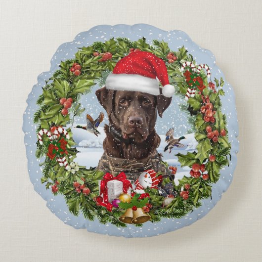 Chocolade Labrador Retriever, Kerstkrans Rond Kussen (Voorkant)