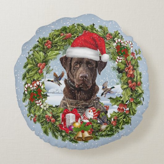 Chocolade Labrador Retriever, Kerstkrans Rond Kussen (Achterkant)