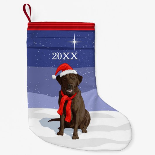 Chocolade Labrador Retriever Santa Hat & Scarf Kleine Kerstsok (Voorkant)