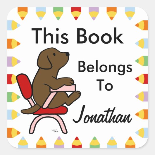 Chocolade Labrador Student 1 Cartoon Vierkante Sticker (Voorkant)