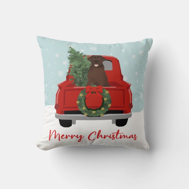 Chocolade Labrador Vintage-kersttruck Kussen (Voorkant)