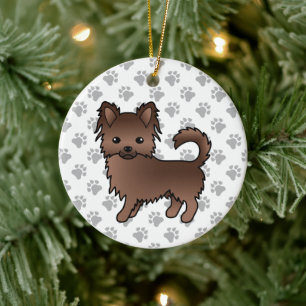 Chocolade Langhaar Chihuahua Cartoon Hond & Pootje Keramisch Ornament