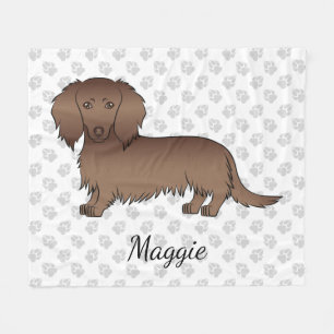 Chocolade Langharige Dachshund Cartoon Hond & Naam Fleece Deken