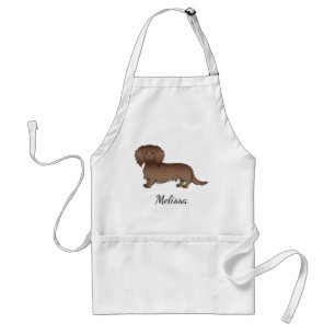 Chocolade Langharige Dachshund Cartoon Hond & Naam Standaard Schort