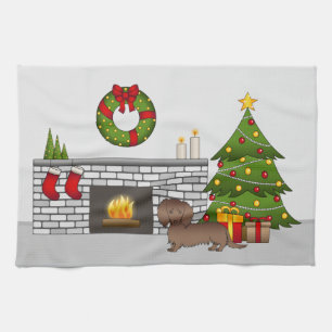 Chocolade Langharige Dachshund - Kerst Kamer Theedoek