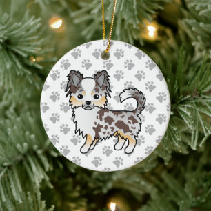 Chocolade Merle Langharige Chihuahua Hond & Pootje Keramisch Ornament