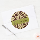 Chocolade Pistache Bruid bruidegom Damask bruiloft Ronde Sticker (Envelop)